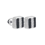 Sterling Silver Black Color Enhanced Round Pave-set Diamond Mens Square Screwback Stud Earrings