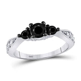 10kt White Gold Round Black Color Enhanced Diamond 3-stone Bridal Wedding Ring 1 Cttw
