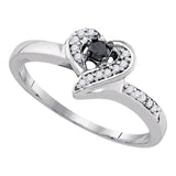 Sterling Silver Womens Round Black Color Enhanced Diamond Heart Ring 1/8 Cttw