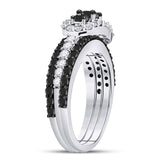 10kt White Gold Womens Round Black Color Enhanced Diamond 3-stone Bridal Wedding Engagement Ring Band Set 2-1/8 Cttw