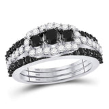 10kt White Gold Womens Round Black Color Enhanced Diamond 3-stone Bridal Wedding Engagement Ring Band Set 2-1/8 Cttw