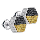Sterling Silver Mens Round Yellow Black Color Enhanced Diamond Hexagon Earrings 3/4 Cttw