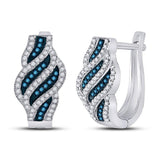 10kt White Gold Womens Round Blue Color Enhanced Diamond Spiral Stripe Hoop Earrings 1/3 Cttw