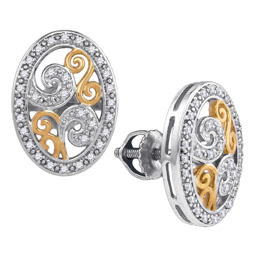 Sterling Silver Womens Round Diamond Oval Two-tone Curl Stud Earrings 1/6 Cttw