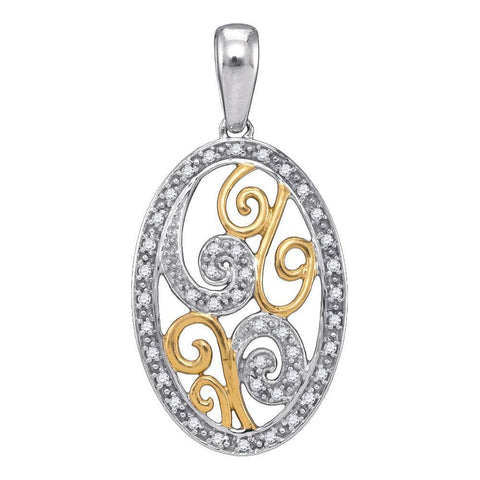 2-tone Sterling Silver Womens Round Diamond Oval Pendant 1/8 Cttw