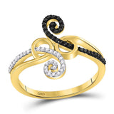 10kt Yellow Gold Womens Round Black Color Enhanced Diamond Curl Fashion Ring 1/5 Cttw