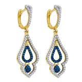 10kt Yellow Gold Womens Round Blue Color Enhanced Diamond Spade Dangle Earrings 1/2 Cttw