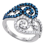 10kt White Gold Womens Round Blue Color Enhanced Diamond Swirl Ring 1.00 Cttw