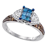 10kt White Gold Womens Round Blue Brown Color Enhanced Diamond Fashion Ring 3/4 Cttw
