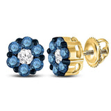 10kt Yellow Gold Womens Round Blue Color Enhanced Diamond Cluster Earrings 1.00 Cttw