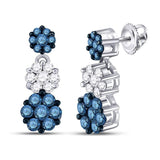 14kt White Gold Womens Color Enhanced Blue Diamond Triple Cluster Dangle Earrings 2 Cttw