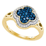 10kt Yellow Gold Womens Round Blue Color Enhanced Diamond Quatrefoil Cluster Ring 1/2 Cttw