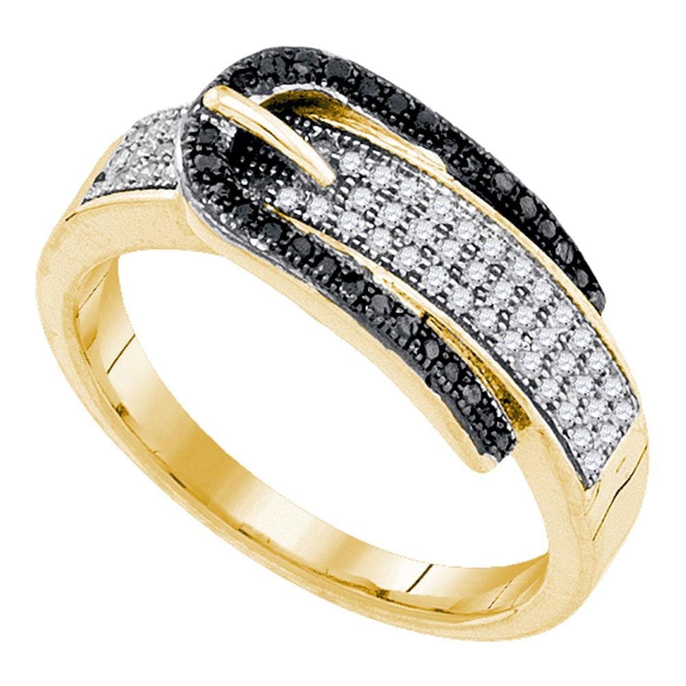 10kt Yellow Gold Womens Round Black Color Enhanced Diamond Belt Buckle Band Ring 1/4 Cttw