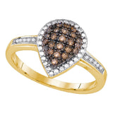 10kt Yellow Gold Womens Round Brown Color Enhanced Diamond Teardrop Cluster Ring 1/5 Cttw