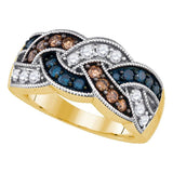 10kt Yellow Gold Womens Round Brown Blue Color Enhanced Diamond Braided Band Ring 1 Cttw