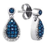 10kt White Gold Womens Round Blue Color Enhanced Diamond Teardrop Dangle Earrings 1/4 Cttw