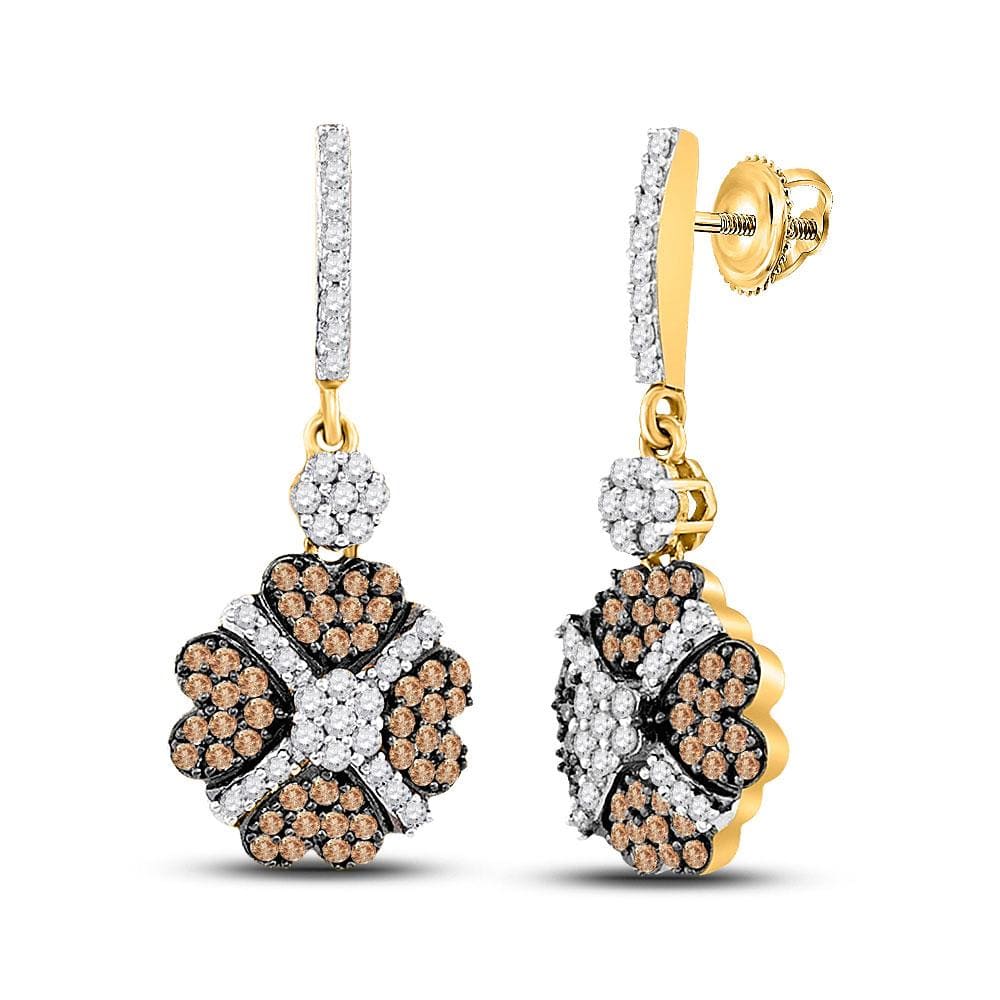10kt Yellow Gold Womens Round Brown Diamond Cluster Dangle Earrings 1 Cttw