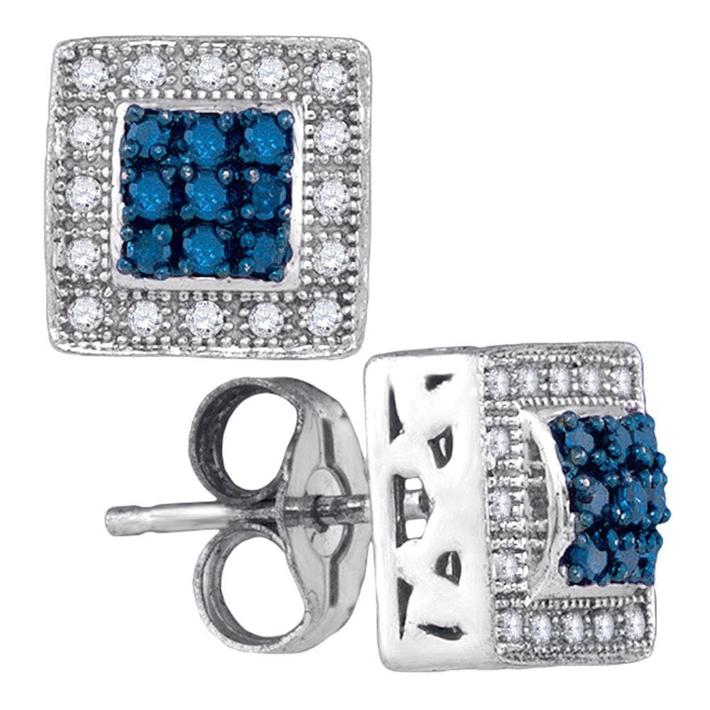 10kt White Gold Womens Round Blue Color Enhanced Diamond Square Frame Cluster Stud Earrings 1/5 Cttw