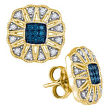 10kt Yellow Gold Womens Round Blue Color Enhanced Diamond Fashion Earrings 1/4 Cttw