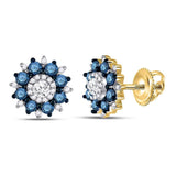 10kt Yellow Gold Womens Round Blue Color Enhanced Diamond Starburst Cluster Earrings 1.00 Cttw