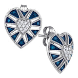 10kt White Gold Womens Round Blue Color Enhanced Diamond Heart Cluster Earrings 1/4 Cttw