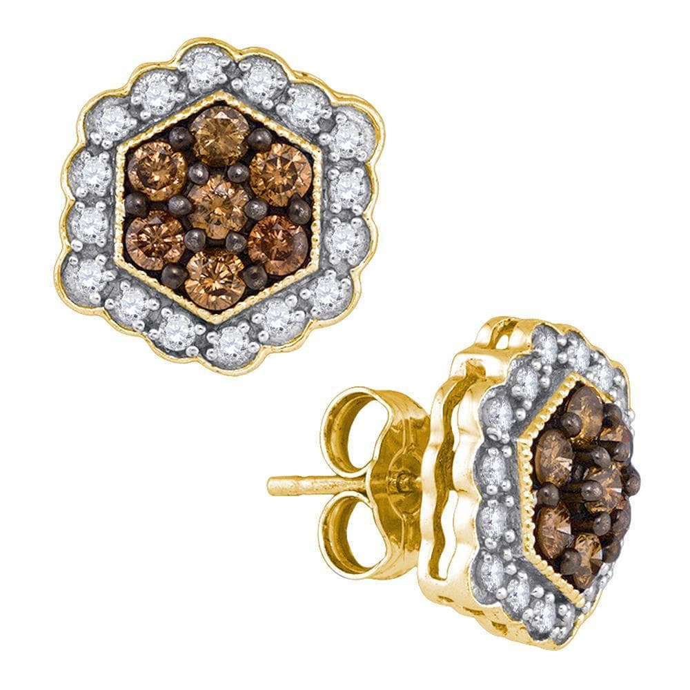 10kt Yellow Gold Womens Round Cognac-brown Color Enhanced Diamond Hexagon Flower Cluster Earrings 7/8 Cttw