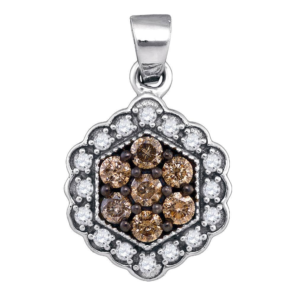 10kt White Gold Womens Round Brown Diamond Hexagon Flower Cluster Pendant 1/2 Cttw