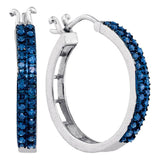 10kt White Gold Womens Round Blue Color Enhanced Diamond Double Row Hoop Earrings 1/2 Cttw