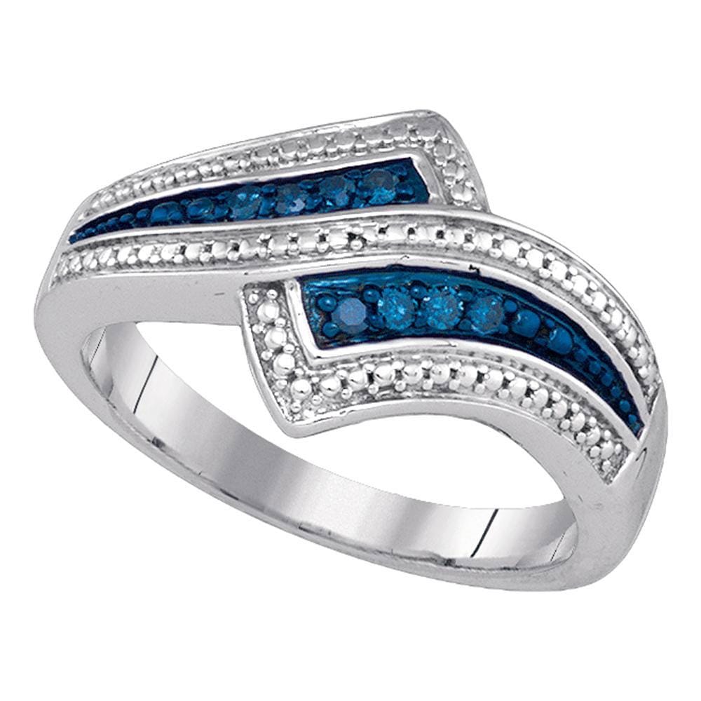 Sterling Silver Womens Round Blue Color Enhanced Diamond Bypass Milgrain Band Ring 1/10 Cttw