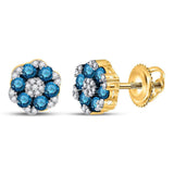 10kt Yellow Gold Womens Round Blue Color Enhanced Diamond Cluster Earrings 1 Cttw