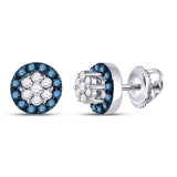 10kt White Gold Womens Round Blue Color Enhanced Diamond Flower Cluster Earrings 1/2 Cttw