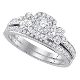 14kt White Gold Round Diamond Floral Halo Bridal Wedding Ring Band Set 1/2 Cttw