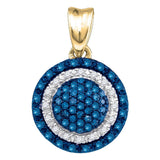 10kt Yellow Gold Womens Round Blue Color Enhanced Diamond Circle Cluster Pendant 1/4 Cttw