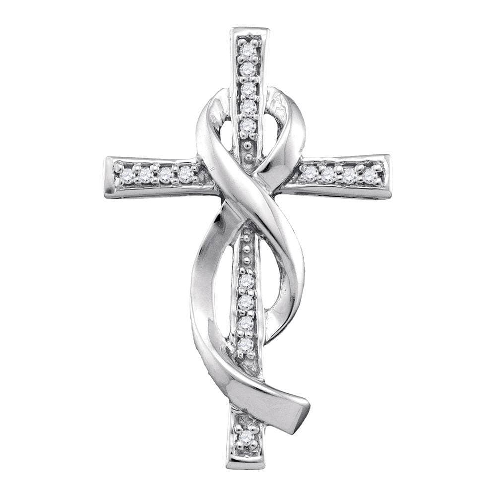 10k White Gold Round Diamond Womens Christian Cross Crucifix Ribbon Pendant 1/12 Cttw