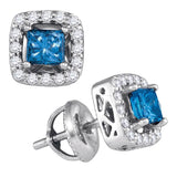 10kt White Gold Womens Princess Blue Color Enhanced Diamond Stud Earrings 3/4 Cttw