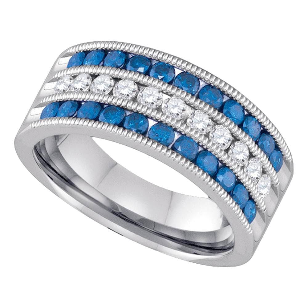 10kt White Gold Womens Round Blue Color Enhanced Diamond Milgrain Striped Band Ring 1 Cttw