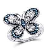 10kt White Gold Womens Round Blue Color Enhanced Diamond Butterfly Bug Ring 1/3 Cttw