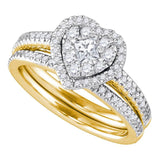 14kt Yellow Gold Princess Diamond Heart Bridal Wedding Ring Band Set 3/4 Cttw