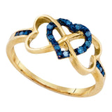 10kt Yellow Gold Womens Round Blue Color Enhanced Diamond Triple Trinity Heart Ring 1/10 Cttw