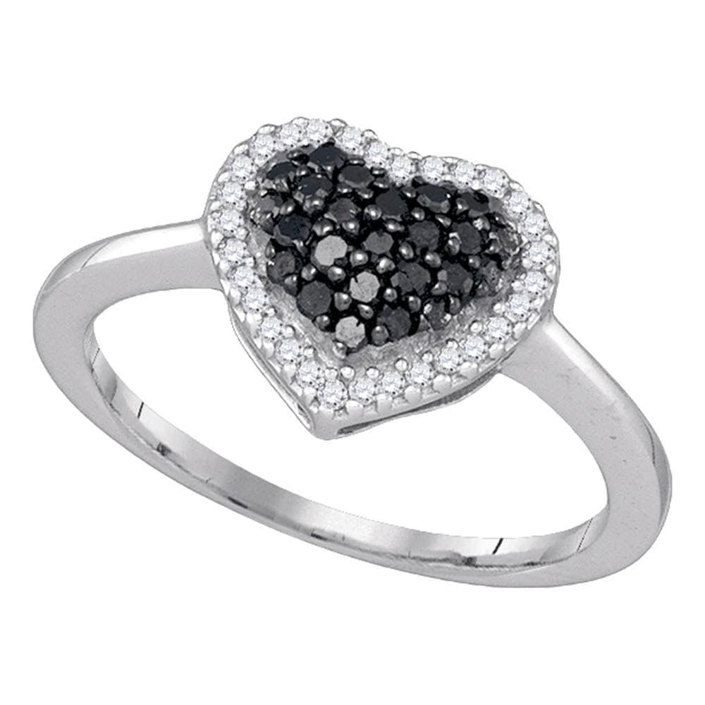 10k White Gold Black Color Enhanced Round Diamond Cluster Womens Love Heart Ring 1/3 Cttw