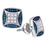 10kt White Gold Womens Round Blue Color Enhanced Diamond Square Cluster Stud Earrings 1/2 Cttw