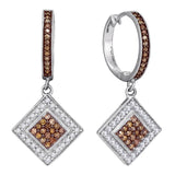 10kt White Gold Womens Round Brown Diamond Diagonal Square Dangle Earrings 1/2 Cttw