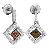 10kt White Gold Womens Round Brown Diamond Square Dangle Earrings 1/2 Cttw