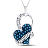 10kt White Gold Womens Round Blue Color Enhanced Diamond Captured Heart Pendant 1/3 Cttw