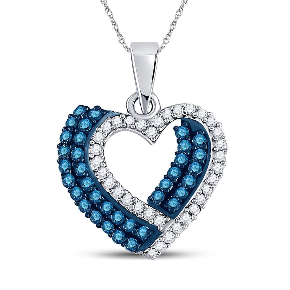 10kt White Gold Womens Round Blue Color Enhanced Diamond Double Heart Pendant 3/8 Cttw