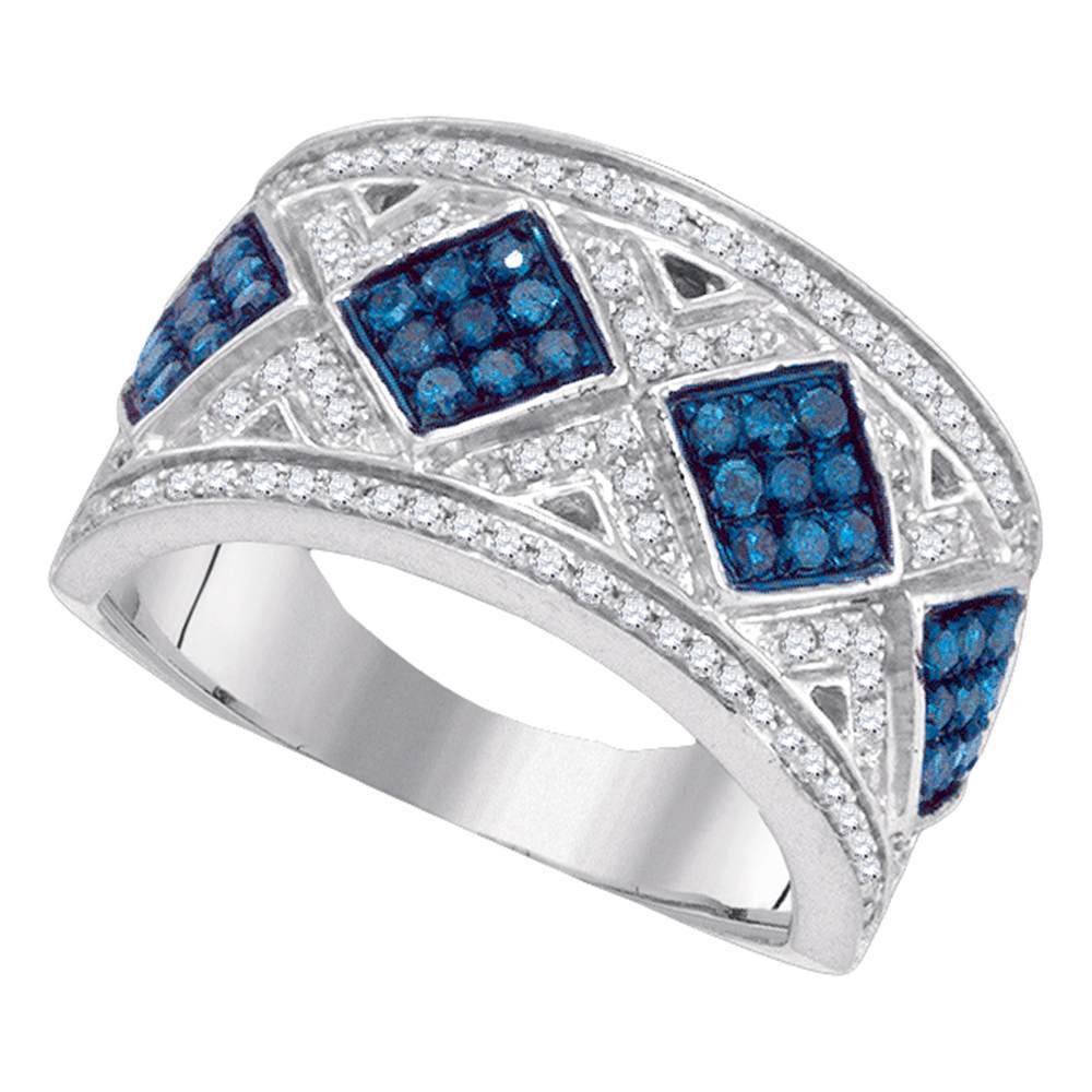 10kt White Gold Womens Round Blue Color Enhanced Diamond Diagonal Square Cluster Band 5/8 Cttw
