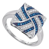 10kt White Gold Womens Round Blue Color Enhanced Diamond Square Stripe Cluster Ring 1/4 Cttw