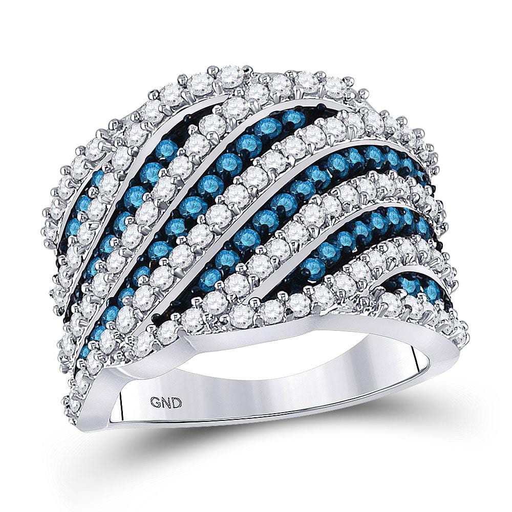 10kt White Gold Womens Round Blue Color Enhanced Diamond Stripe Fashion Ring 1-3/4 Cttw
