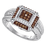 10kt White Gold Womens Round Cognac-brown Color Enhanced Diamond Square Frame Cluster Roped Ring 1/2 Cttw