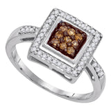 10kt White Gold Womens Round Brown Diamond Square Frame Cluster Ring 1/4 Cttw